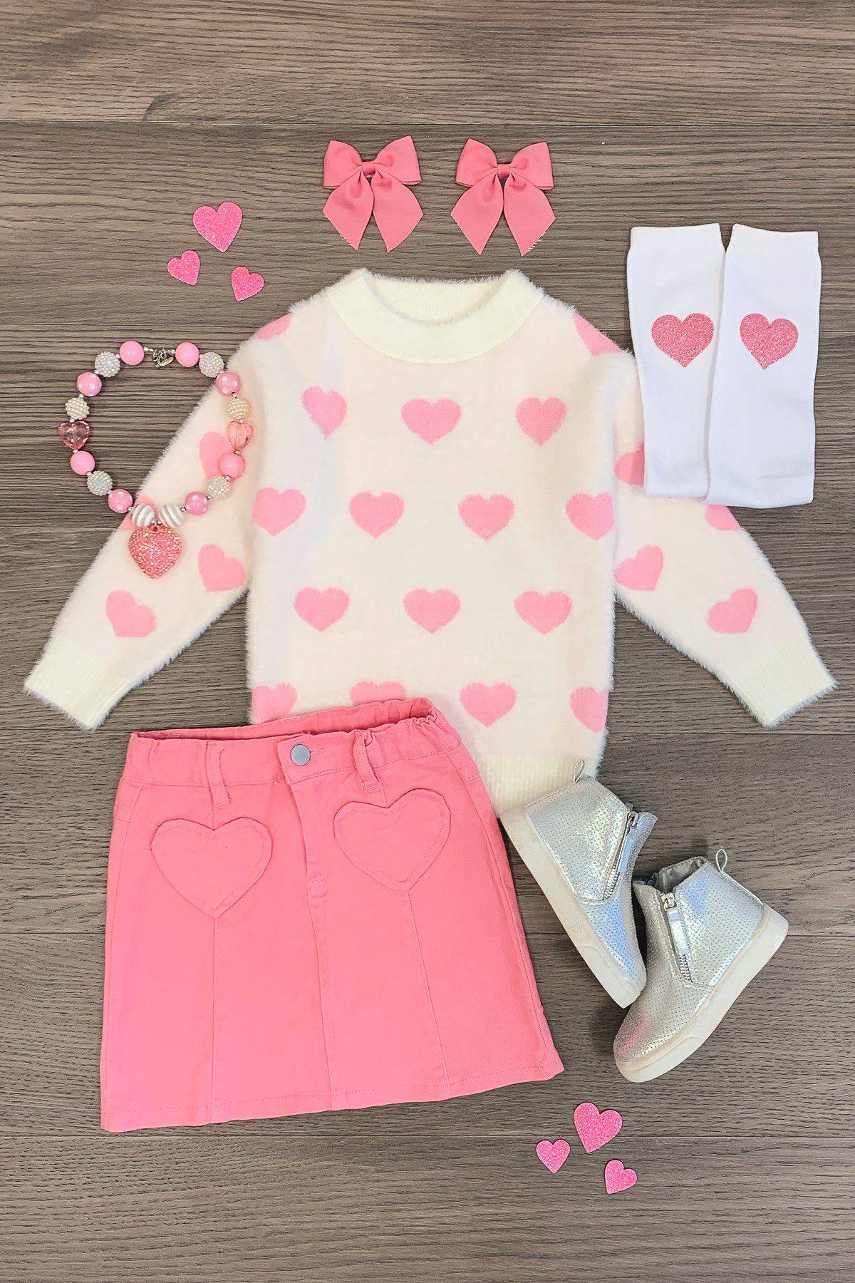 White & Pink Heart Denim Skirt Set