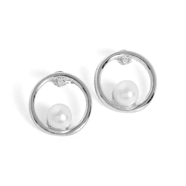 Silver Circle Stud Earrings with Pearl