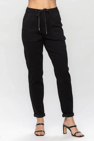 Judy Blue HW Jet Black Double Roll Cuff Jogger - Three Birdies Boutique