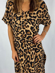 Khaki Leopard Print Short Sleeve Cotton-Blend Dresses