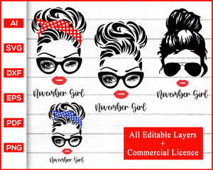 Download November Girl Svg Woman With Glasses Svg November Svg Birthday Svg Editable Svg File