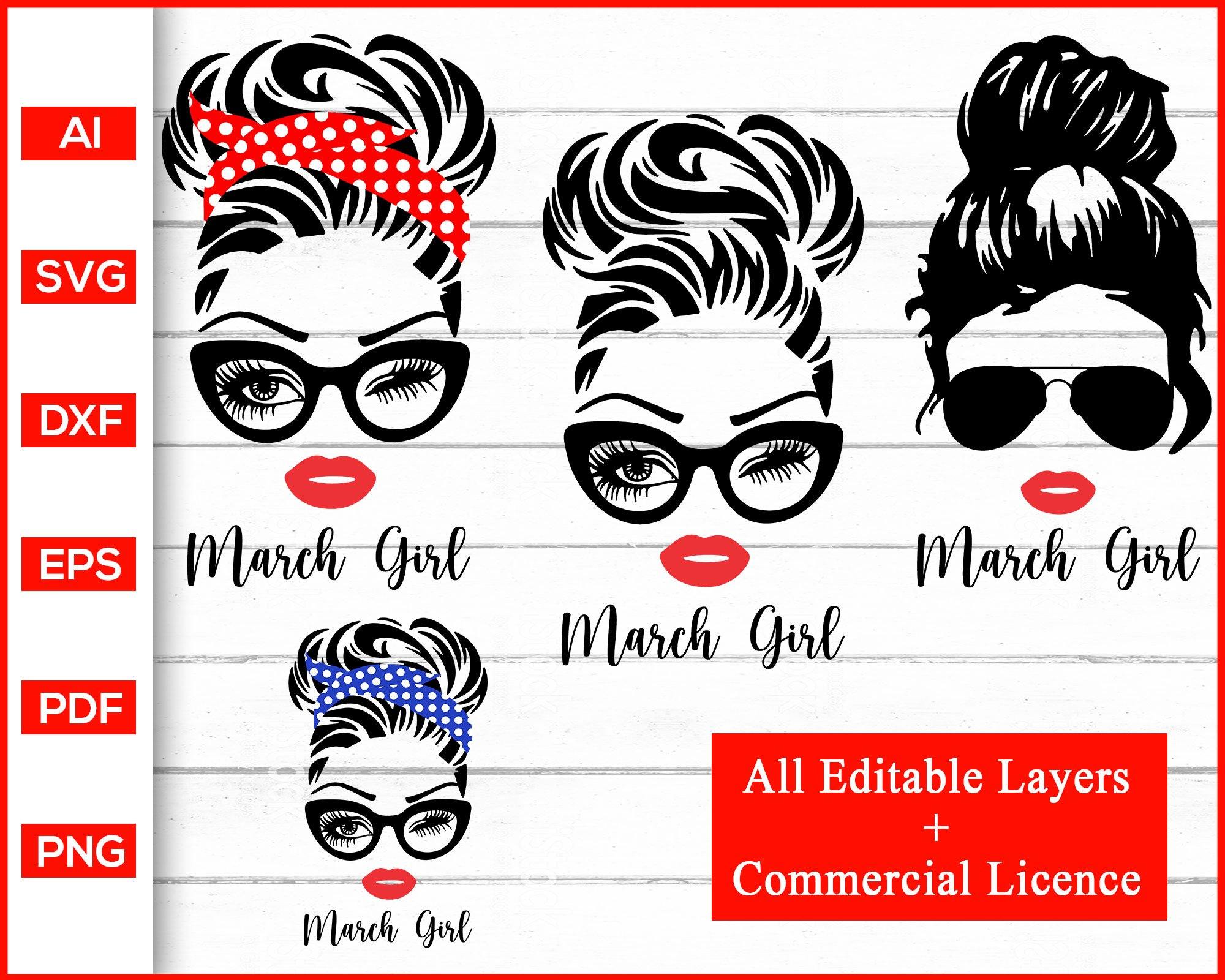 Download March Girl Svg Woman With Glasses Svg Girl With Bandana Svg Birthda Editable Svg File