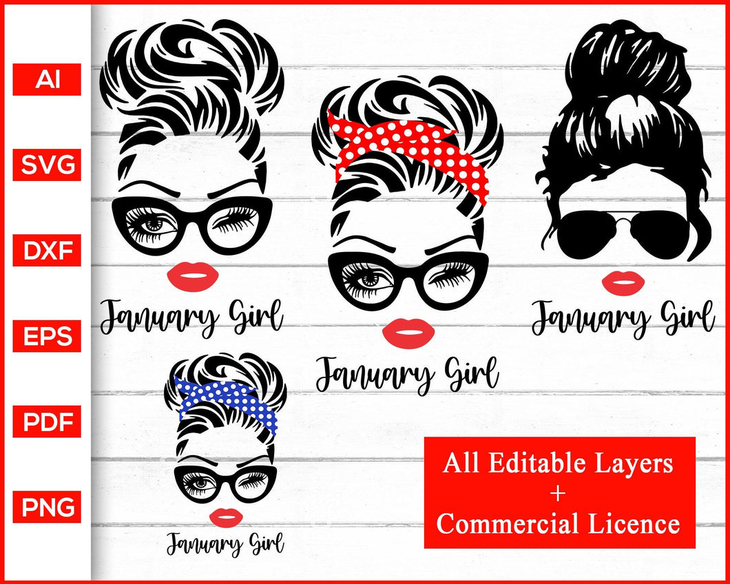 Download January Girl Svg Woman With Glasses Svg Girl With Bandana Svg Birth Editable Svg File