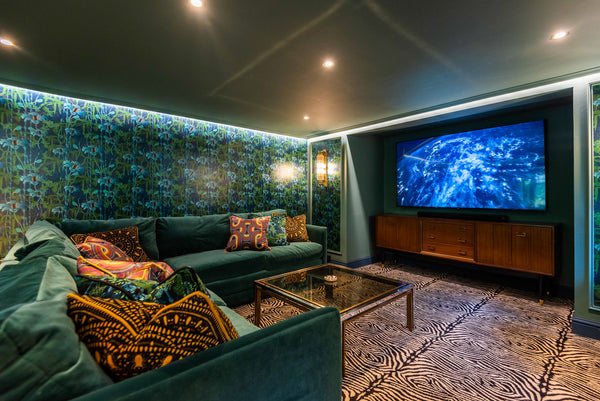 Cinema Room with Electric Lagoon Wallpaper