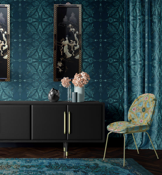 Room with Zellandine Moonlight wallpaper and Zellandine Aqua fabric from The Curious Department