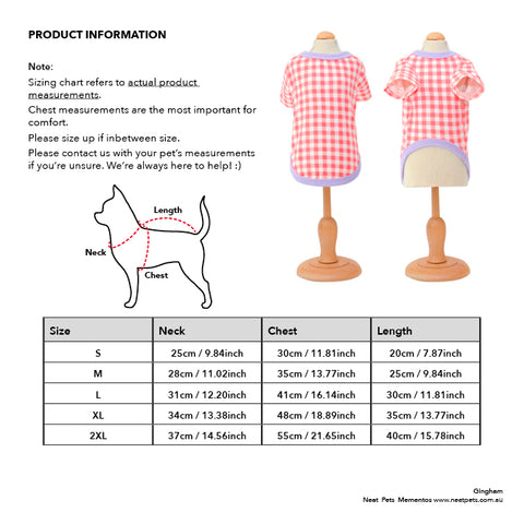 Gingham Shirt Sizing | Three colour-ways | Dog Shirt | Pet Apparel | Neat Pets Mementos