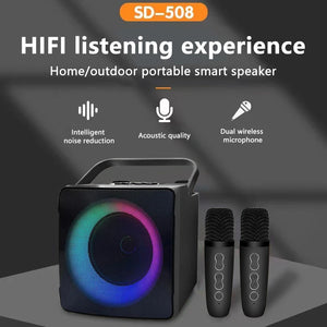 Dual Microphone Karaoke Machine Outdoor Portable Karaoke Bluetooth Speaker Box 10W HIFI Player with RGB LED Light for Home Party - Crazy RC Toys