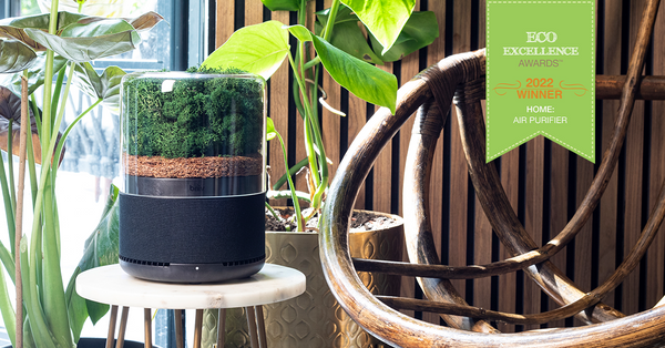 Outdoor image of Briiv air purifier next to a wicker chair, with a few plants around. There is a banner edited into the top right showing the 'Eco Excellence Awards 2022 Winner'