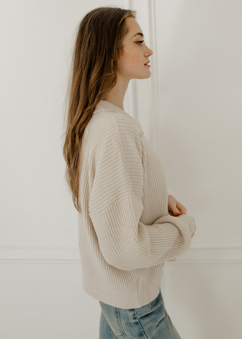 Dutch Knit Button Down Placket Sweater - Cream