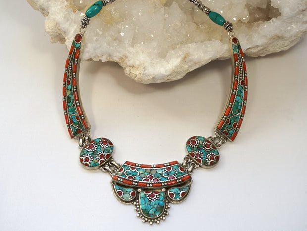 Coral and Turquoise Inlaid Mosaic Necklace 1 – Andrea Jaye Collection