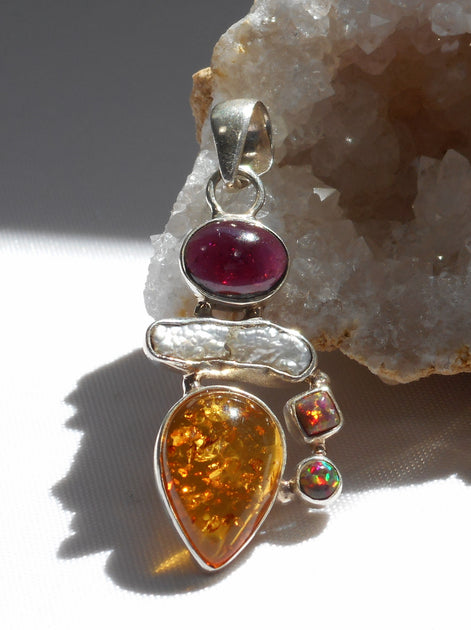 Amber Pendant 10 with Garnet, Opal and Pearl – Andrea Jaye Collection