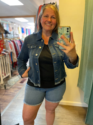 Medium Denim Frayed Denim Jacket - Ava Grace Fashions