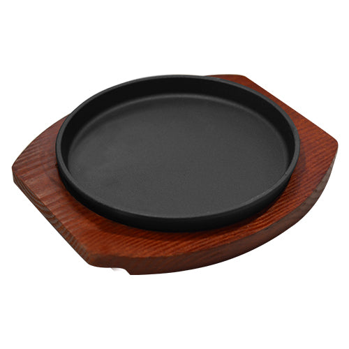 Ebros Personal Size Cast Iron Sizzling Fajita Pan Skillet Japanese Steak Plate with Wood Underliner Base Restaurant Home Kitchen Cooking Supply