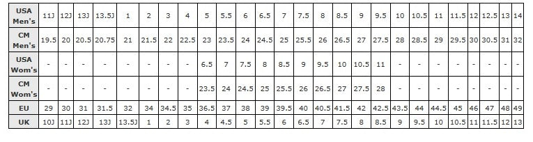K2 Inline Skates Size Chart