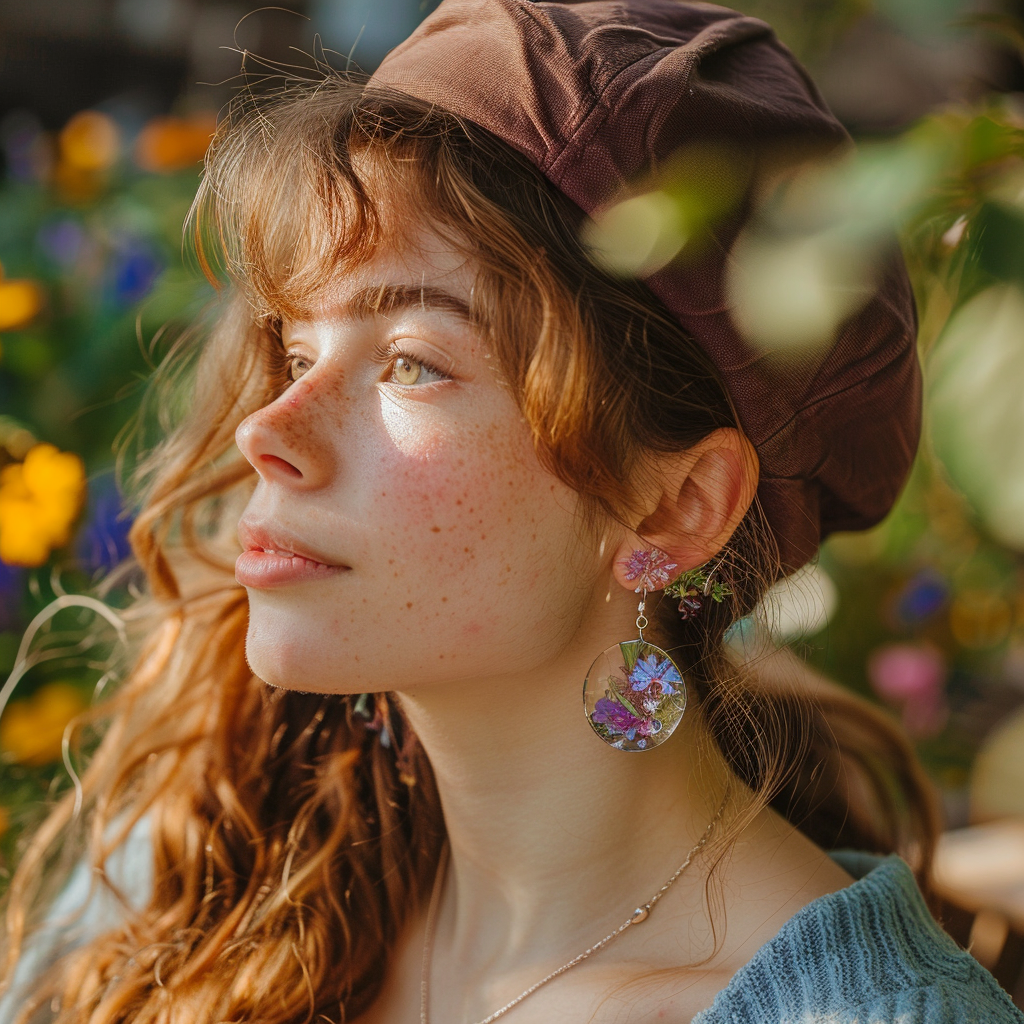 nadia9495_woman_in_garden_wearing_a_pressed_flowers_earrings_wi_bcfdcd2a-2768-4ea7-b7db-4e1d9f5f1215