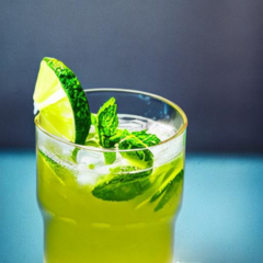 Mira-jito with lime juice, mint, ginger, and sparkling water.