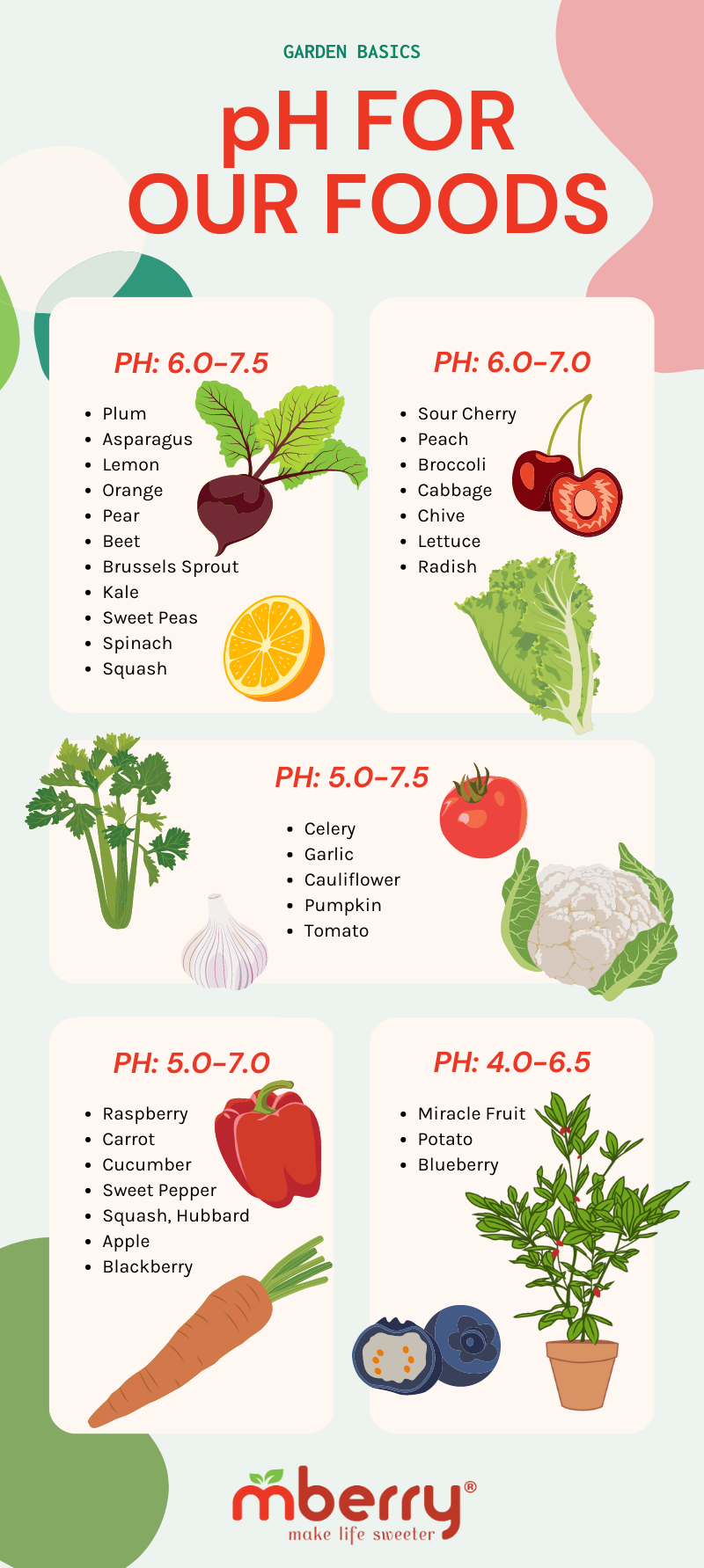 pH needed for different types of fruits and veggies in soil from Miracle Fruit to squash to raspberries