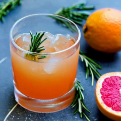 ruby's rosemary refresher with grapefruit juice, rosemary, and sparkling water. garnished with fresh rosemary