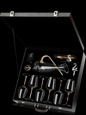 High-Grade Gold Foil Red Wine Glass Set Household Crystal Goblet Large Decanter Cup Holder Suitcase Wine Set Big Collection - Homedecorbox