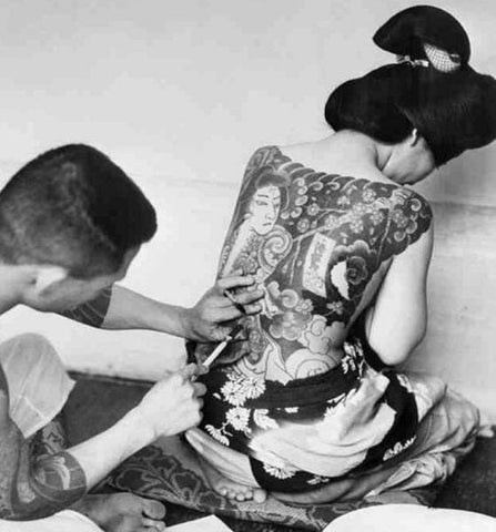 Japanese backpiece being created by the process of Tebori