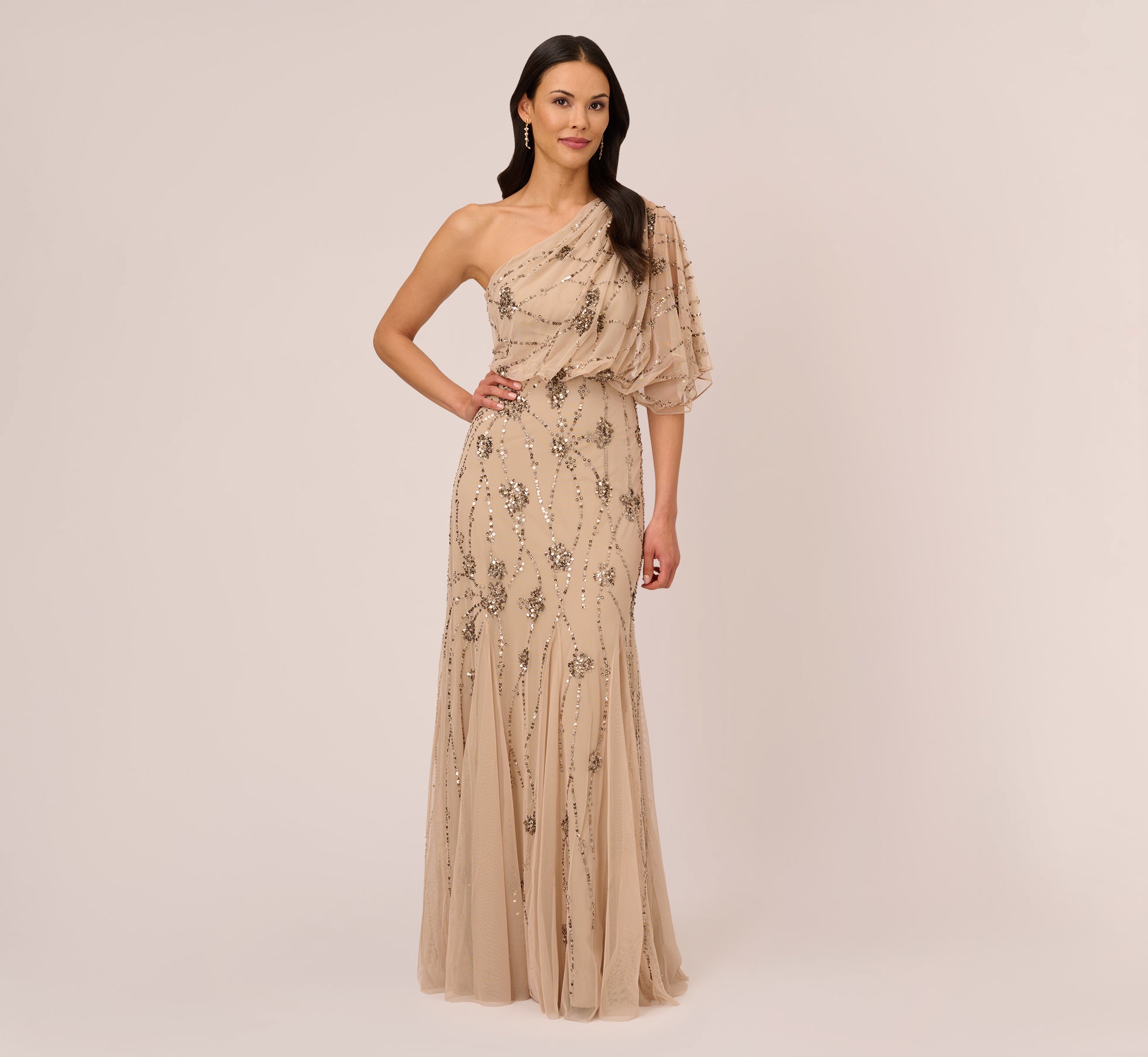 Art Deco Beaded Blouson Gown In Blush