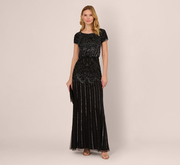 Short Sleeve Blouson Beaded Gown In Black Adrianna Papell