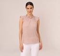 Mock Neck Print Top With Ruffled Details In Champagne Blowing Leaf