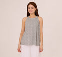 Sleeveless Printed Trapeze Top With Crinkle Details In Ivory Navy Ditsy Leafy Vine