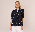 Dot Printed Short Sleeve Top With Bow Neckline In Navy Ivory Large Ripple Dot