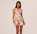 Bright Floral Print Button Up Romper With Belted Waist In Pink-green Multi