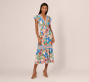 V-neck Cotton Smocked Elasticized Waistline Flutter Short Sleeves Sleeves Fitted Floral Geometric Print Midi Dress