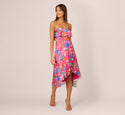 Strapless Sateen Floral Print Fitted Back Zipper Party Dress/Midi Dress With Ruffles