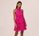 Floral Print Halter Trapeze Shift Sleeveless Embroidered Mesh Open-Back Pocketed Self Tie Party Dress With a Bow(s)