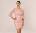 Bateau Neck Polyester Floral Print Bell Elbow Length Sleeves Sheath Sheer Illusion Embroidered Mesh Sheath Dress