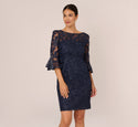 Bell Elbow Length Sleeves Bateau Neck Floral Print Sheath Polyester Sheer Illusion Embroidered Mesh Sheath Dress