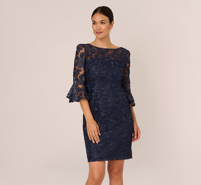 Velvet Sheath Dress With Tiered Three Quarter Sleeves In Midnight