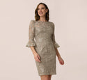 Bateau Neck Bell Elbow Length Sleeves Floral Print Embroidered Mesh Sheer Illusion Sheath Polyester Sheath Dress