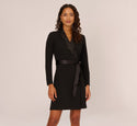 Tie Waist Waistline Collared Long Sleeves Sequined Faux Wrap Dress