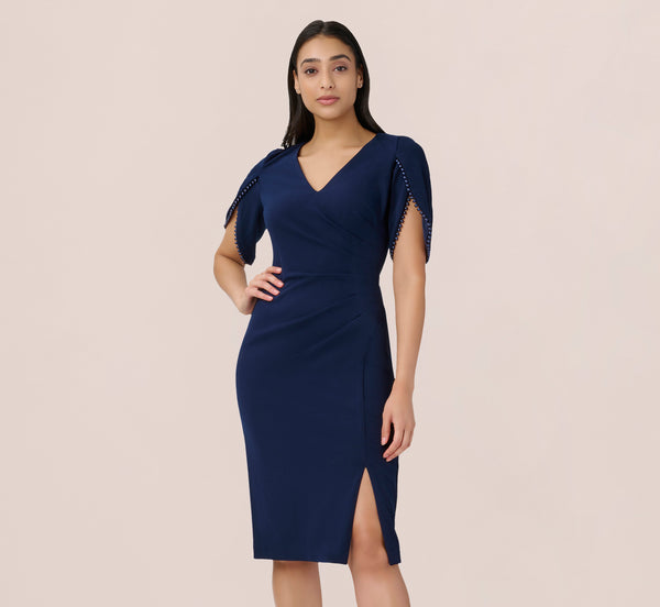 V-neck Sheath Cocktail Ruched Sheath Dress With Pearls