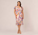 Plus Size V-neck Floral Print Faux Wrap Banding Sheer Flutter Short Sleeves Sleeves Wedding Dress/Midi Dress With Ruffles