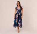 Floral-print Cropped Jumpsuit With Chiffon Overlay In Navy Multi