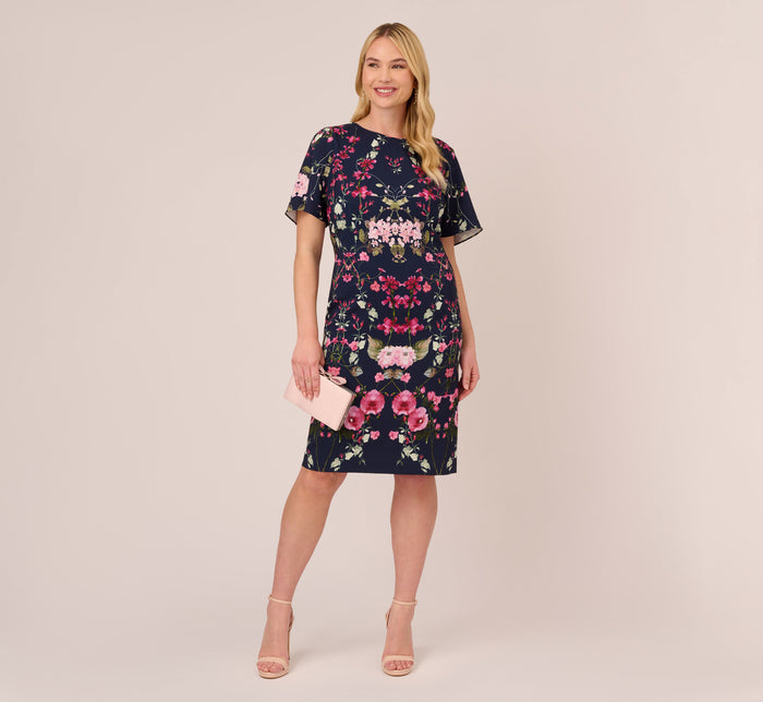 Floral-Print Crepe Midi-Length Sheath Dress In Navy Multi