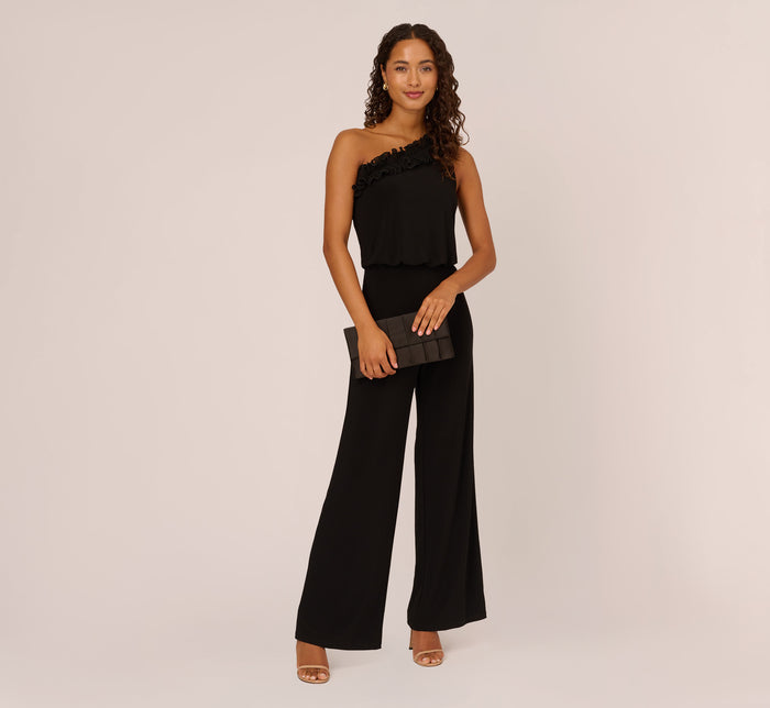 Beaded One-Shoulder Matte Jersey Jumpsuit In Midnight