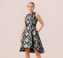 Tall Fitted Jacquard Pleated Floral Print Short Fit-and-Flare Dress With Ruffles
