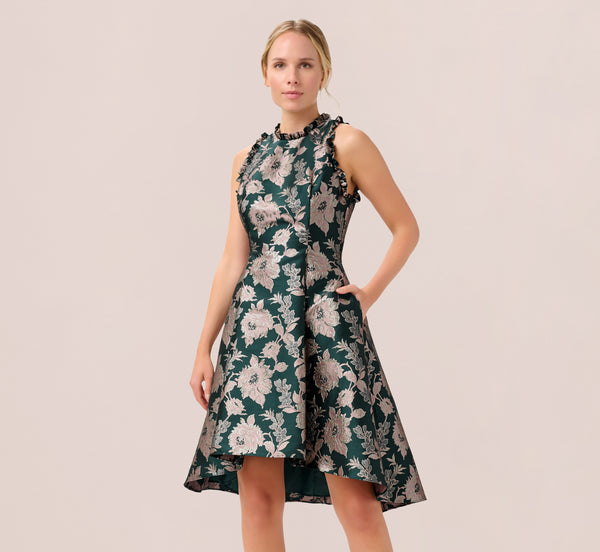 Tall Short Fit-and-Flare Fitted Jacquard Pleated Floral Print Dress With Ruffles