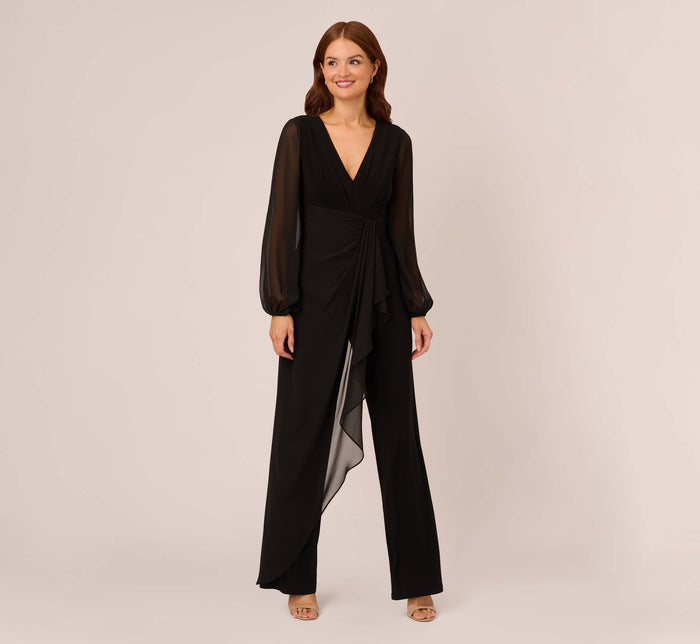 Long Sleeve Crepe Jumpsuit With Tuxedo Collar In Black