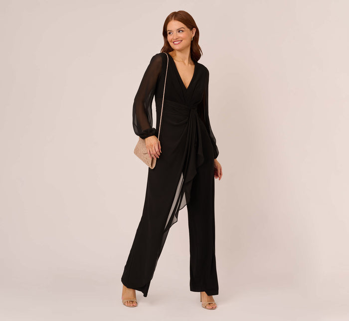 Plus Size Long Sleeve Jersey Jumpsuit With Chiffon Details In Black