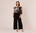 Plus Size Sophisticated Floral Print 3/4 Sleeves Off the Shoulder Sheer Embroidered Jumpsuit With Ruffles