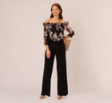 Sophisticated 3/4 Sleeves Off the Shoulder Embroidered Sheer Floral Print Jumpsuit With Ruffles