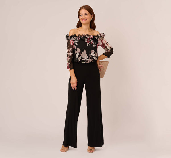 Sophisticated Floral Print Embroidered Sheer 3/4 Sleeves Off the Shoulder Jumpsuit With Ruffles